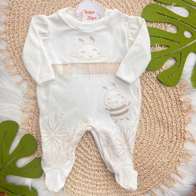 Macacão Malha Trape Zape - Abelha Fofa com Tule - Off White e Rose